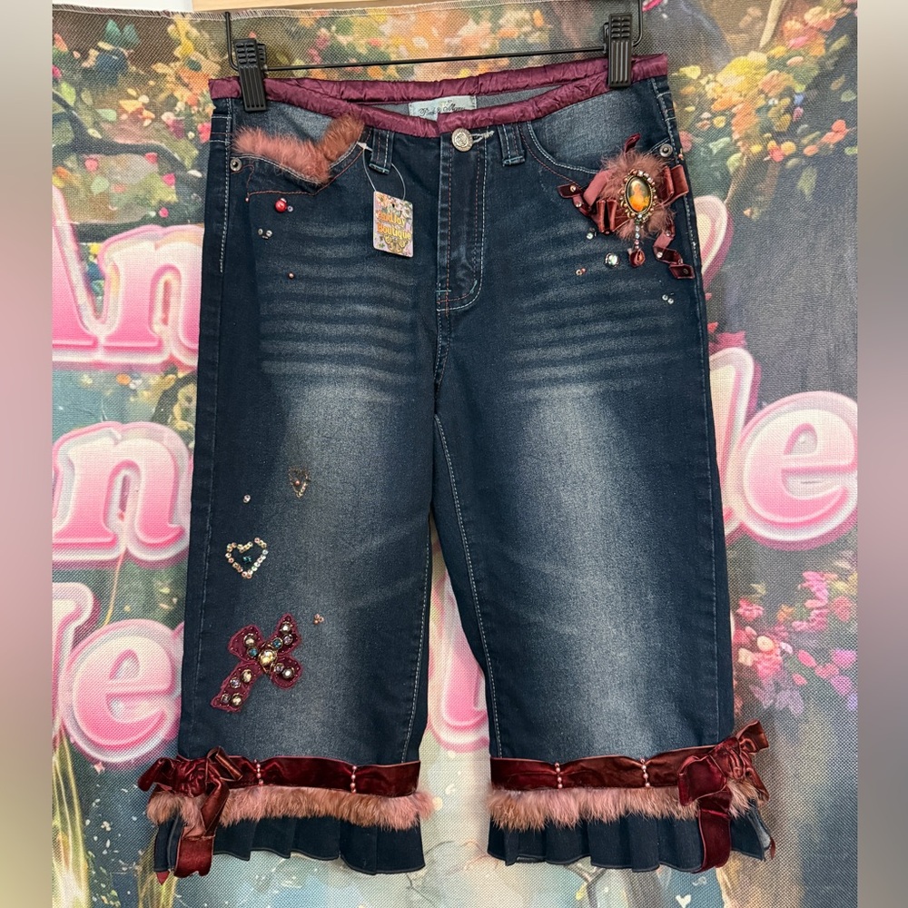 Embellished Blue Jeans with Burgundy Accents